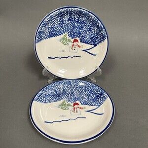 Thomson Pottery Salad Plates Snowman Blue White 7 5/8" Snow Lot of 3